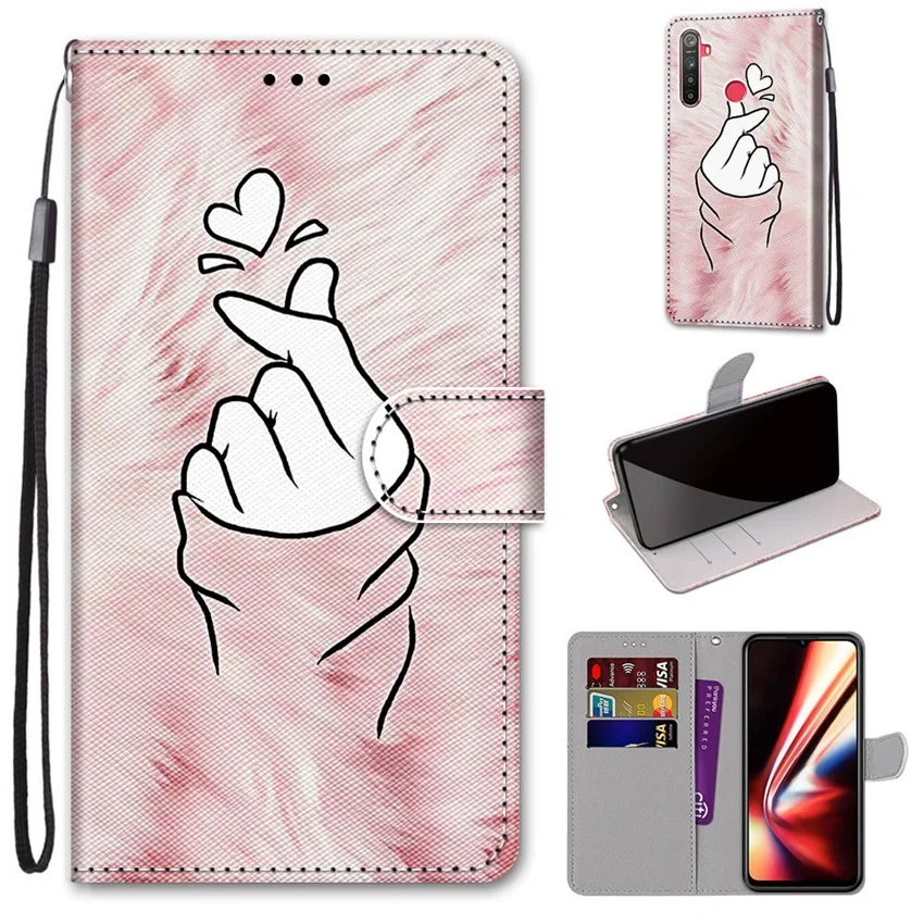 leather flip phone case for realme 5 5s 5i c3 c3i 6i flower cute cat painted wallet card holder stand book cover butterfly capa free global shipping