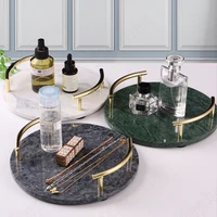 Natural Marble Tray Light Luxury Round Aromatherapy Display Plate Gold Handle Jewelry Cosmetics Storage Tray Bathroom Decoration