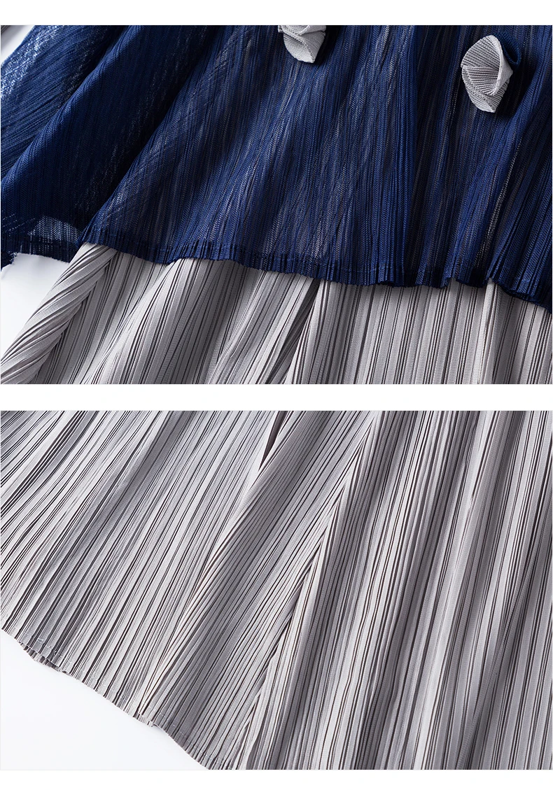 

HOT SELLING Fashion shell flower o-neck long sleeve pleated one-piece dress appliques Fake two pieces dress IN STOCK