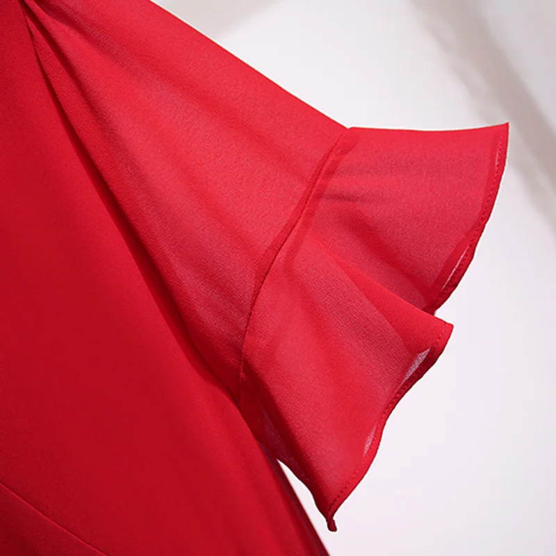 

Summer Women Elegant Black Red Ruffles Dress O Neck Short Sleeve Chiffon Midi Dresses Large Plus Size Slim Dress Party Vestidos