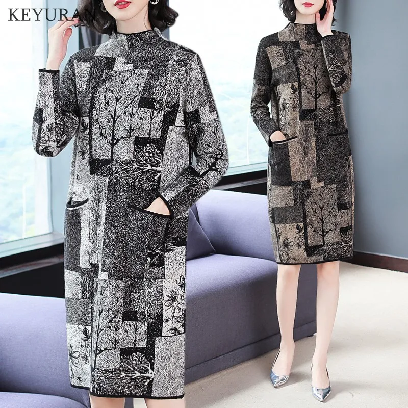 Новинка весна-осень водолазка принт вязаные свитера платье для женщин зима