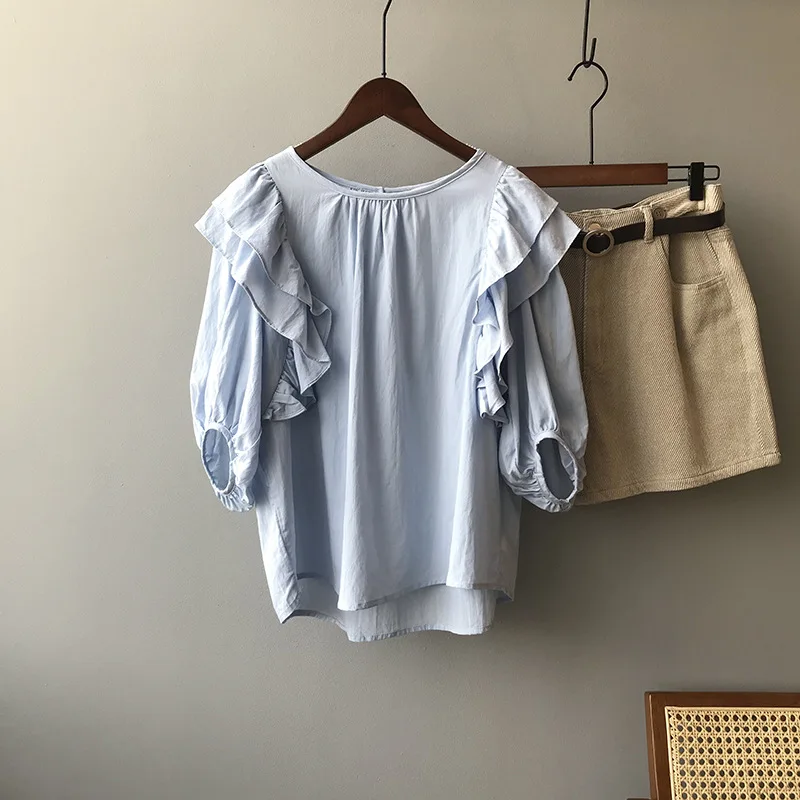 

Lantern Sleeve Design Sweet Ruffles Shirts for Women O Neck Half Sleeve Summer New Korean Chic Moda Loose Blusas Mujer De