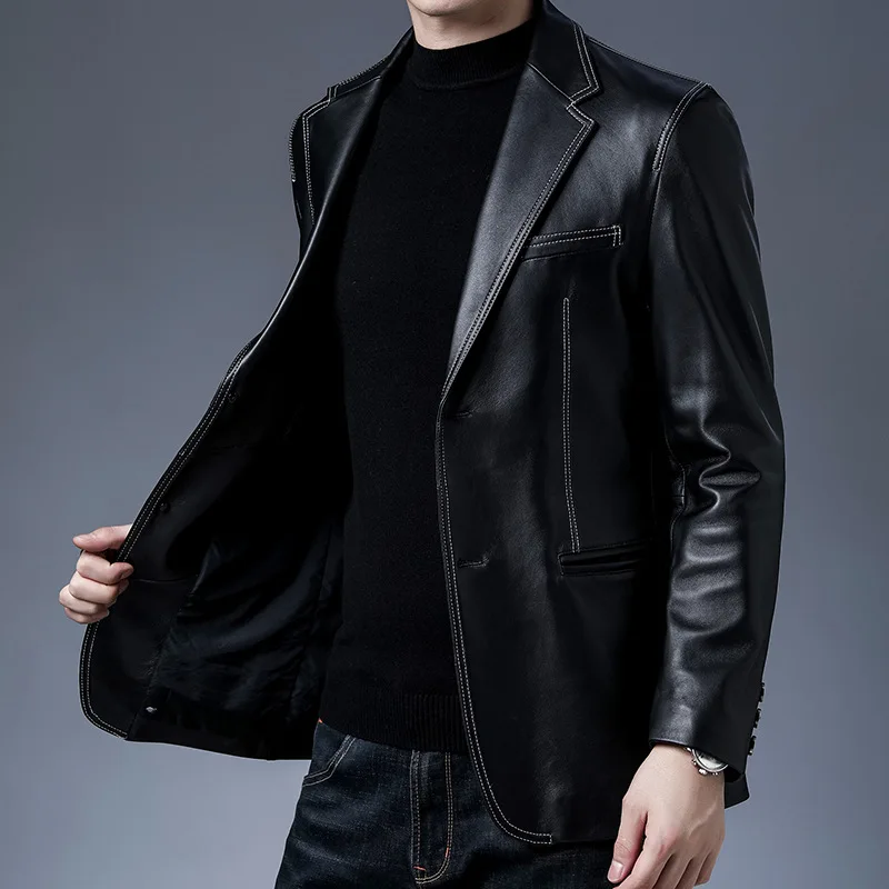 

2020 autumn new brand men's clothing, comfortable and simple men's lapel button leather jacket, wool leather jacket for men