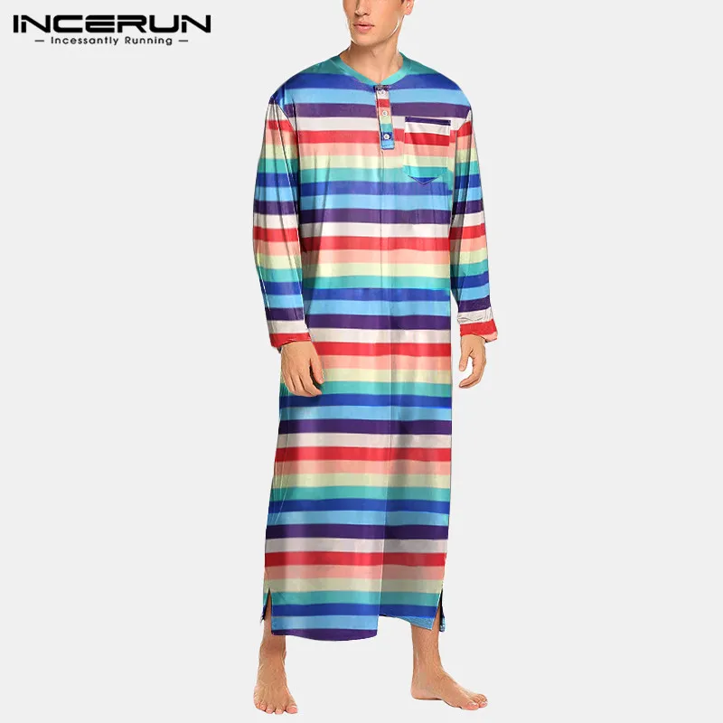 

INCERUN Men Striped Robes Colorful O Neck Long Sleeve Bathrobes Loose 2023 Comfortable Leisure Sleepwear Men Homewear S-5XL