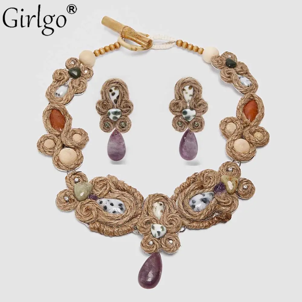 Винтажное женское ожерелье Girlgo ZA из бисера и джута модное натурального камня