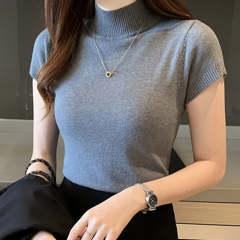 

shintimes Turtleneck T Shirt Women Knitted Sweater Tee Shirt Femme 2020 Summer Tops Woman Short Sleeve Casual T-Shirt Female