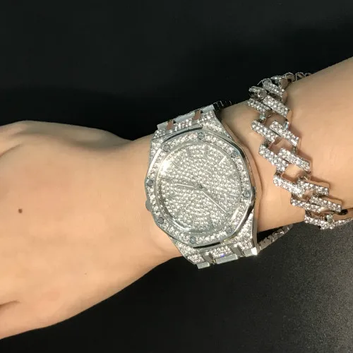 Antique Silver Plated Мужские часы в стиле хип-хоп золотистого цвета, Роскошные мужские часы и браслет из золотистого и серебристого цветов, часы в Кубинском стиле с кристаллами и цепочкой в стиле хип-хоп для мужчин - Metal Color: Antique Silver Plated