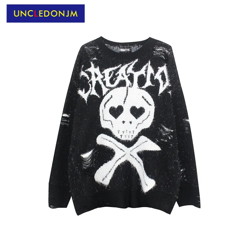 

UNCLEDONJM Skulls hip hop vintage oversize knitted sweater men and women Hip Hop streetwear sweater casual couple Pullover 2324
