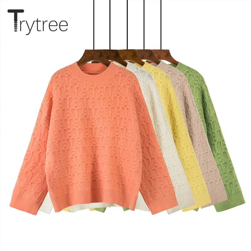 Женский Повседневный свитер Trytree свободный однотонный трикотажный с круглым
