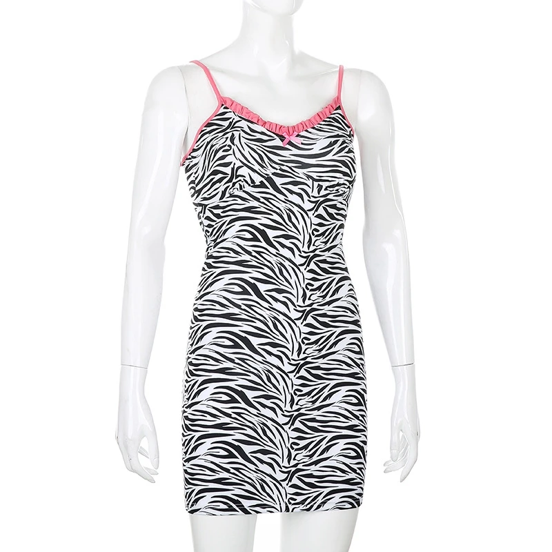 

Zebra Printed Women'S Mini Backless Skirt Sleeveless V-Neck Pajamas