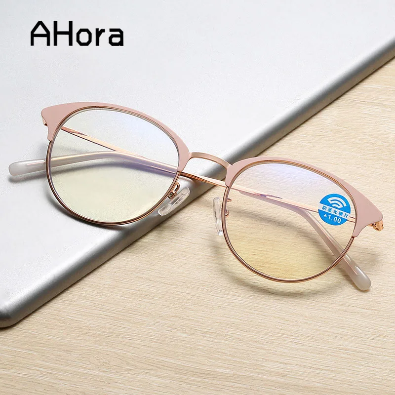 Gafas de lectura redondas y rosas para mujer, anteojos de aleación 2021 antiluz azul para presbicia, gafas de hipermetropía ultraligeras + 1,0... + 4. 0