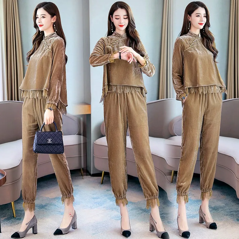 

Korean Style Two Piece Set Top And Pants Women Velvet Velvet Suit Wholesale Clothing Ensemble Femme Survetement Matching Sets