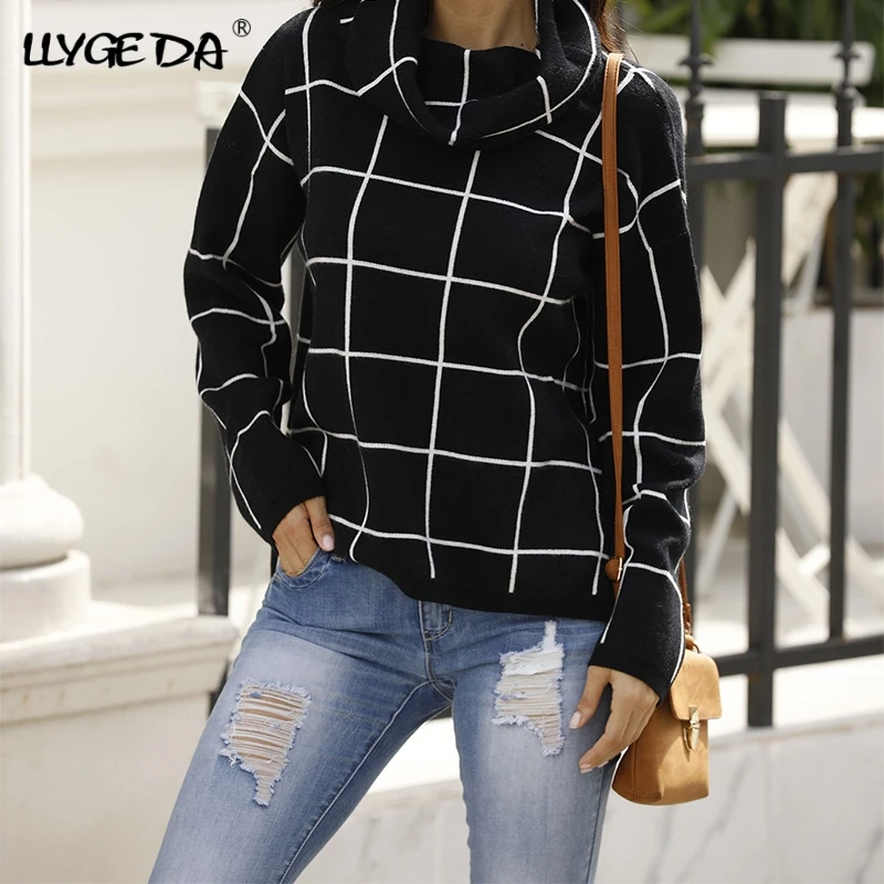 

Square Plaid Turn-Down Collar Women's Sweaters 2021 New Korea Turtleneck Pullover Short Front Long Back Sweater Women Winter