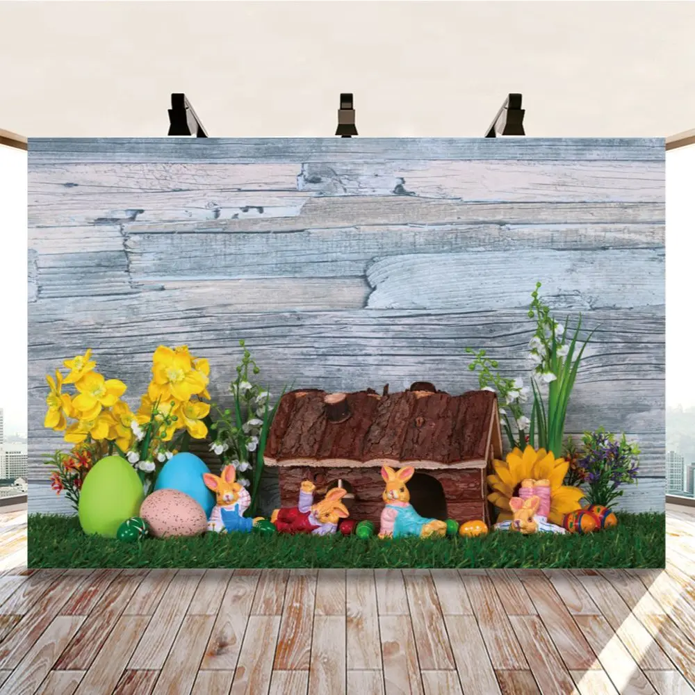 

Easter Egg Bunny Simulation Bouquet Lawn Plank Backdrops Photo Background Decorations for Kids Photography Props