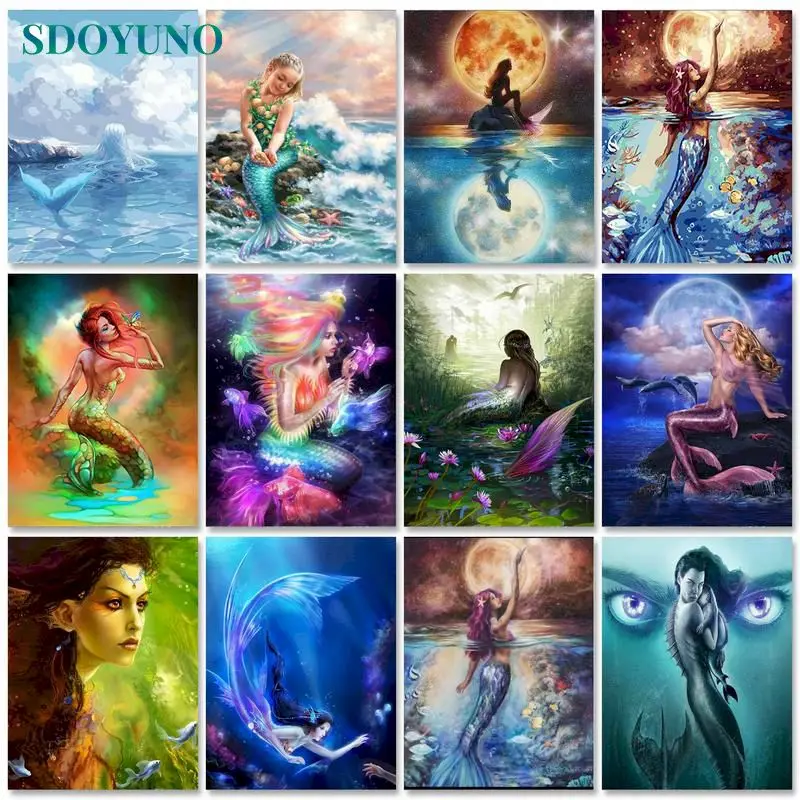 

SDOYUNO Acrylic Paint By Numbers Mermaid Oil Painting By Numbers On Canvas 40x50cm Frameless DIY Figure Home Decor Wall Art