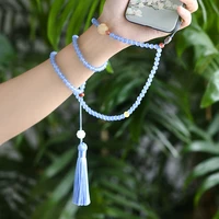 crystal blue chalcedony cute phone charm chinese style handmade custom long mobile phone chain lanyard gift phone pendant