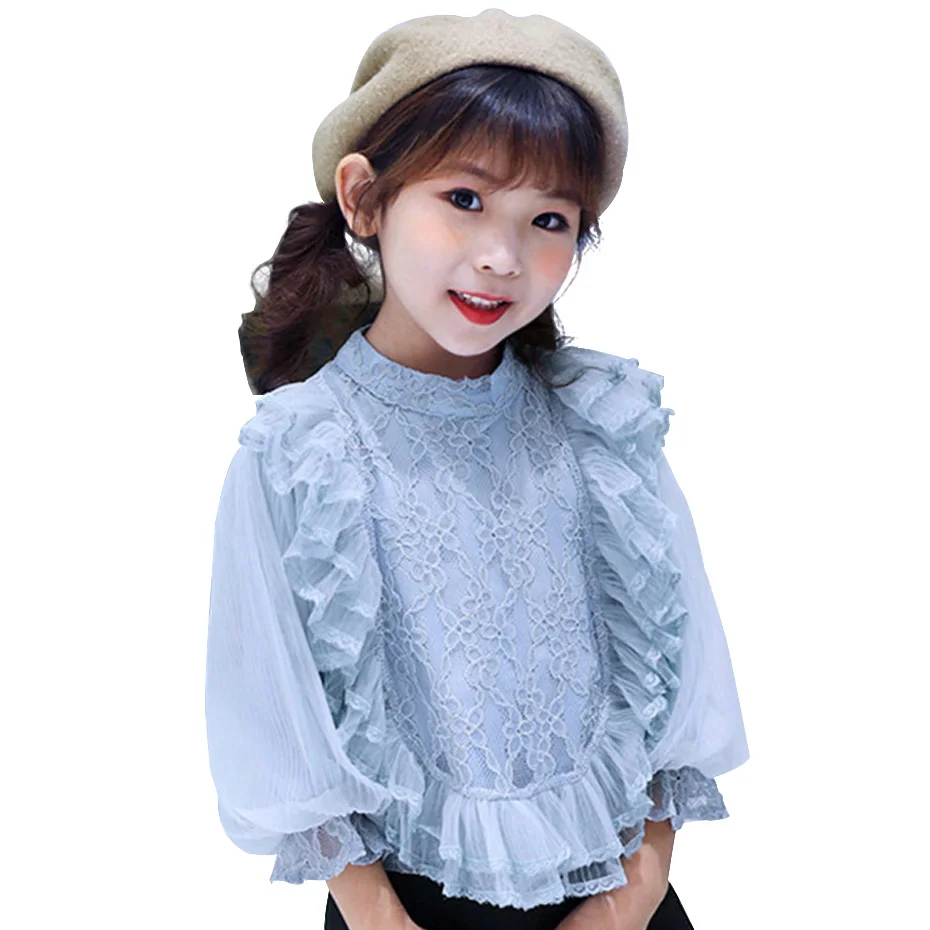 Блузки для девочек кружевные рубашки с цветами Сетчатое платье-фонарь рукавами