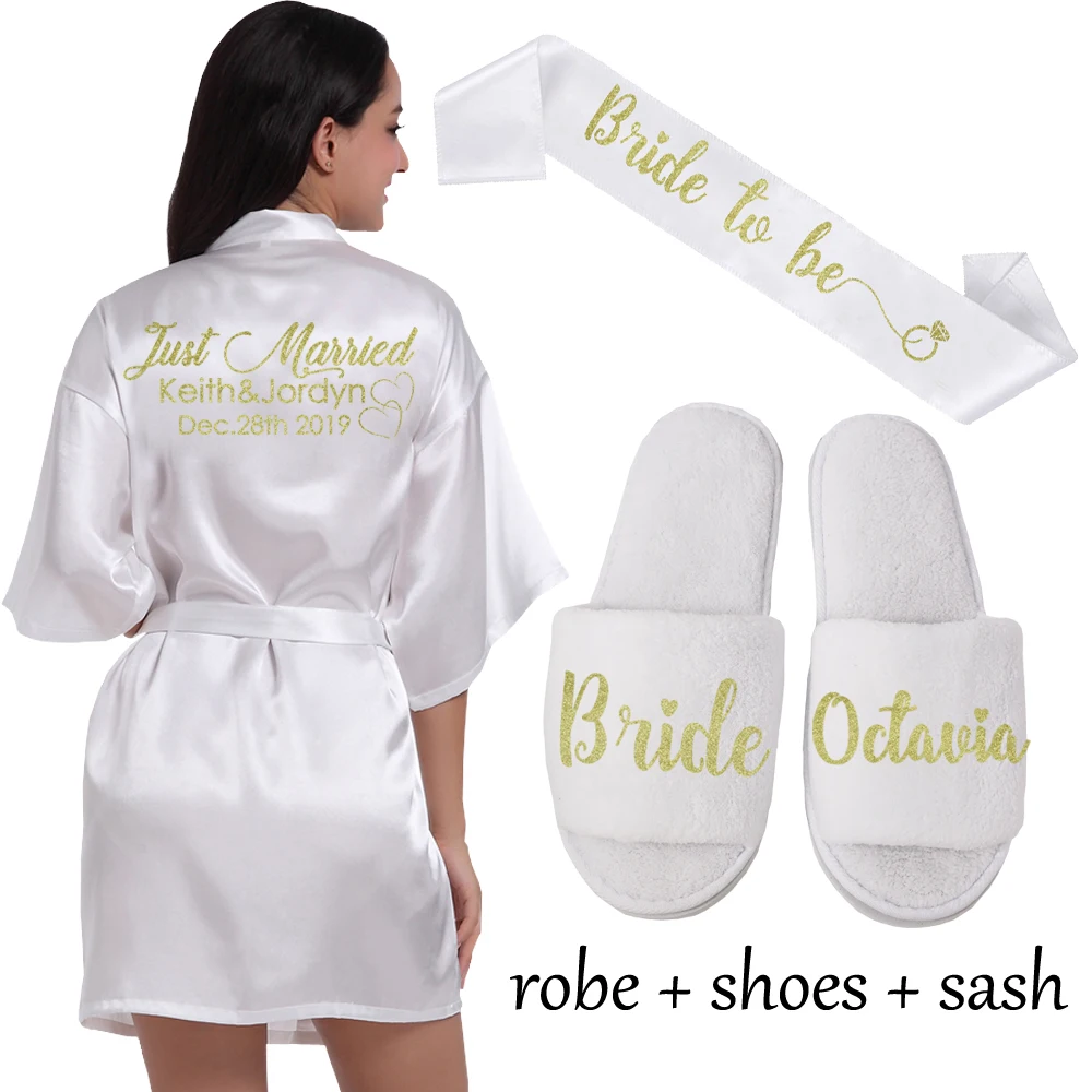 White robe shoe sash Индивидуальный Логотип Weddin Дата имя искусственный шелк кимоно халат для женщин Свадебные невесты халаты девичник свадебная одежда - Цвет: White robe shoe sash