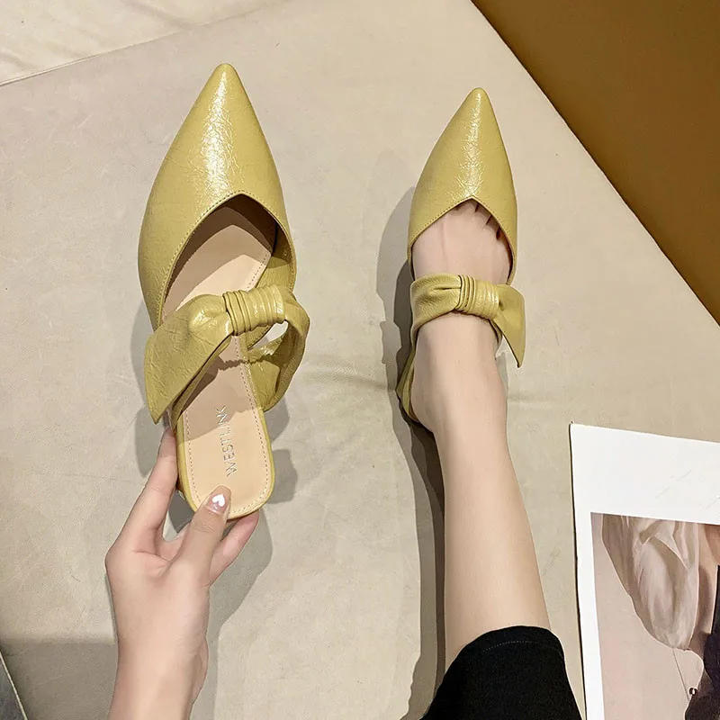 

Slippers Women Summer Shoes Loafers Cover Toe Square heel Slides Butterfly-Knot Pantofle Med Female Mule Block 2021 Mules