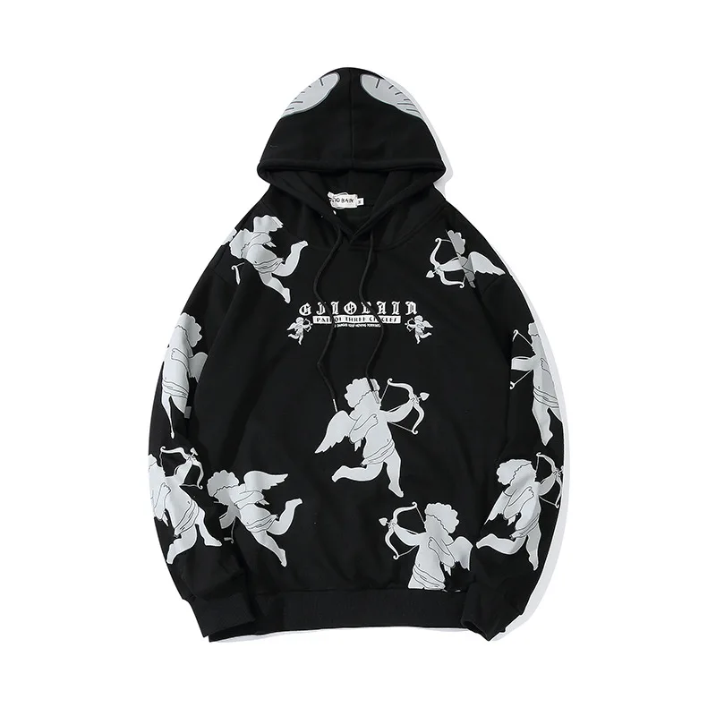 

Hip Hop Cupid Print Loose Cotton Hoodies Autumn Winter Fashion Couple Coats Streetwear Men and Women Hooded Pullover Sweatshirt