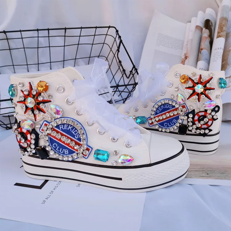 Girls high-top canvas shoes lace-up sneakers women's shoes casual shoes brand design pirate logo rhinestone hip hop Harajuku