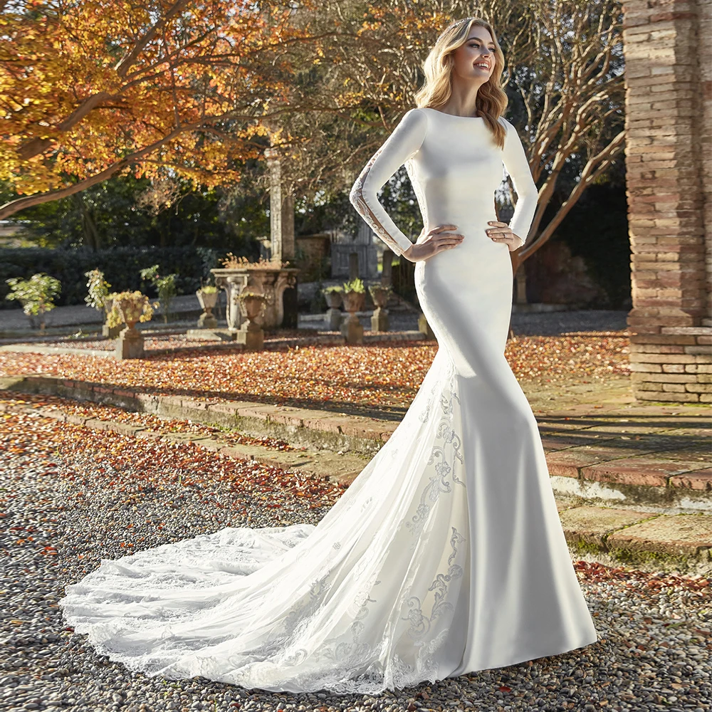 

Платье Свадебное до пола с юбкой-годе, кружевное платье невесты из тюли с аппликацией и глубоким круглым декольте, со шлейфом и пуговицами с...