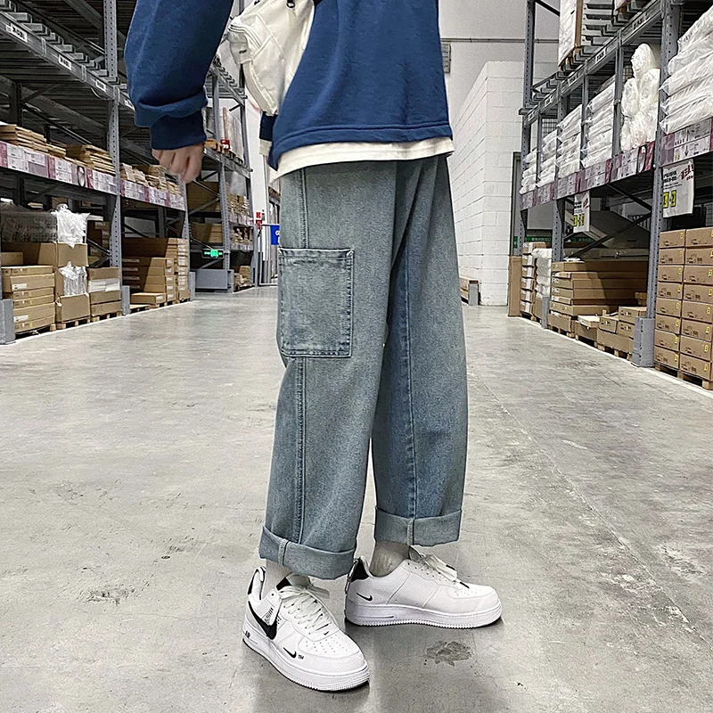 

Boyfriend Cargo Jeans Men Summer Solid Loose Denim Casual Straight Korean Blue/Black Streetwear Cowboy Trouser Harem Long Pant
