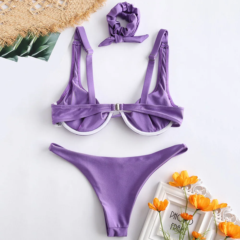 ZAFUL Shiny Underwire Bikini Set With Hair Band Padded Solid Women Bathing Suit Low Waisted Push Up Swimsuit Sexy Swimwear 2019 | Женская