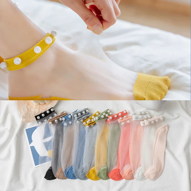 

2021 жемчужные женские носки, весна-лето, прозрачные шелковые низкие чулки цвета хаки в стиле Dy