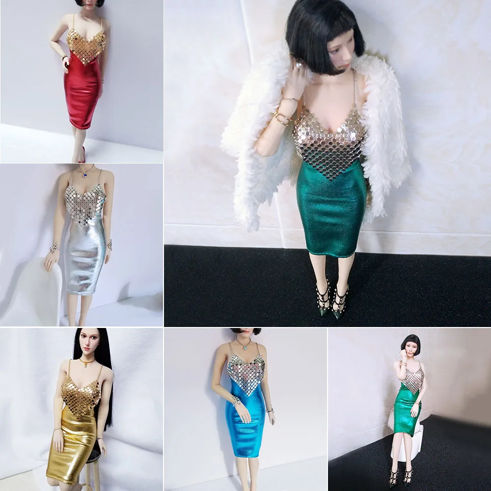

1/6 Scale Female Sexy Costume Accessories Metal Chain Hanging Chest Vest Backless Tight Skirt Suit Clothes for 12 inch Body