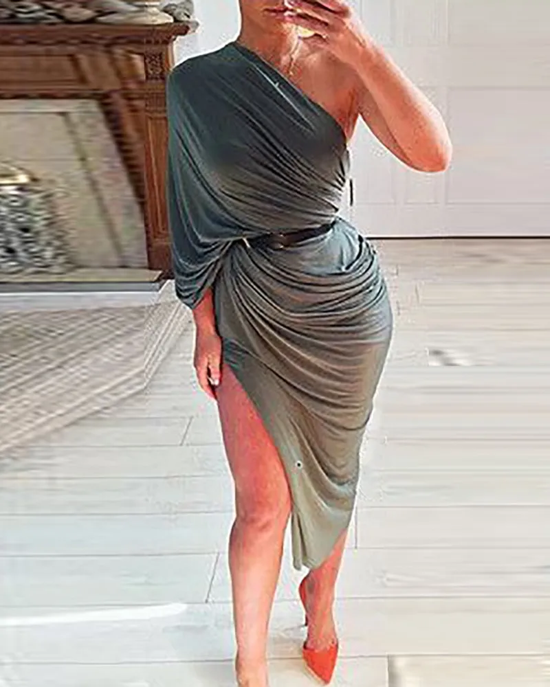 

midi dress women sexy One Shoulder Ruched High Slit Party evening Dress