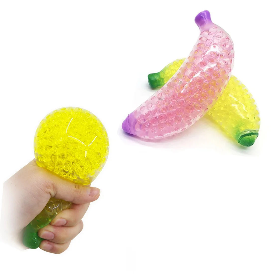 

Spongy Banana Grape Bead Stress Ball Toys Squeeze Soft Fruit Shape Sensory Decompression Toy for Adult Kids Fidget Squishy Toys