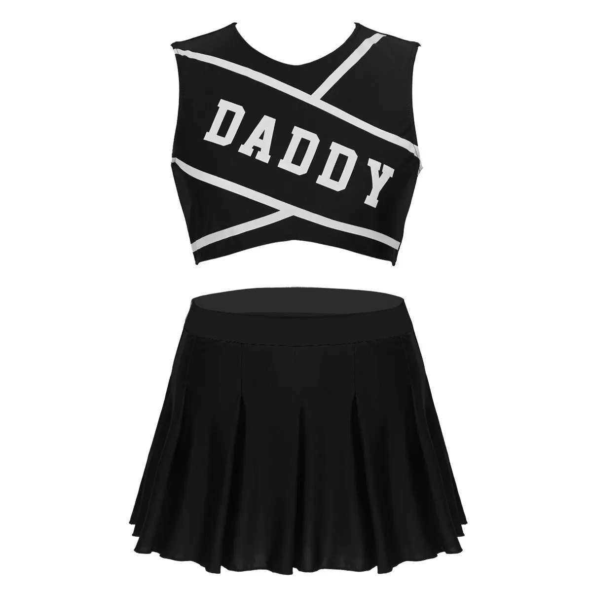 

2Pcs Women Adult Charming Cheerleader School Girls Sexy Cosplay Costume Round Neck Sleeveless Crop Top with Mini Pleated Skirt