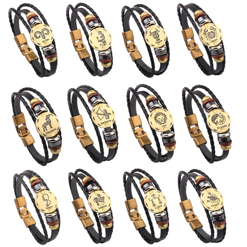 Мужской кожаный браслет ручной работы с 12 знаками Зодиака и бусинами | Украшения