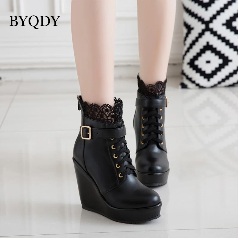 

BYQDY Thick High Heeled Female Patent Leather Ankle Boots Lace-up Round Toe Lace-up Zipper Women Short Boots Gothic Women Shoes