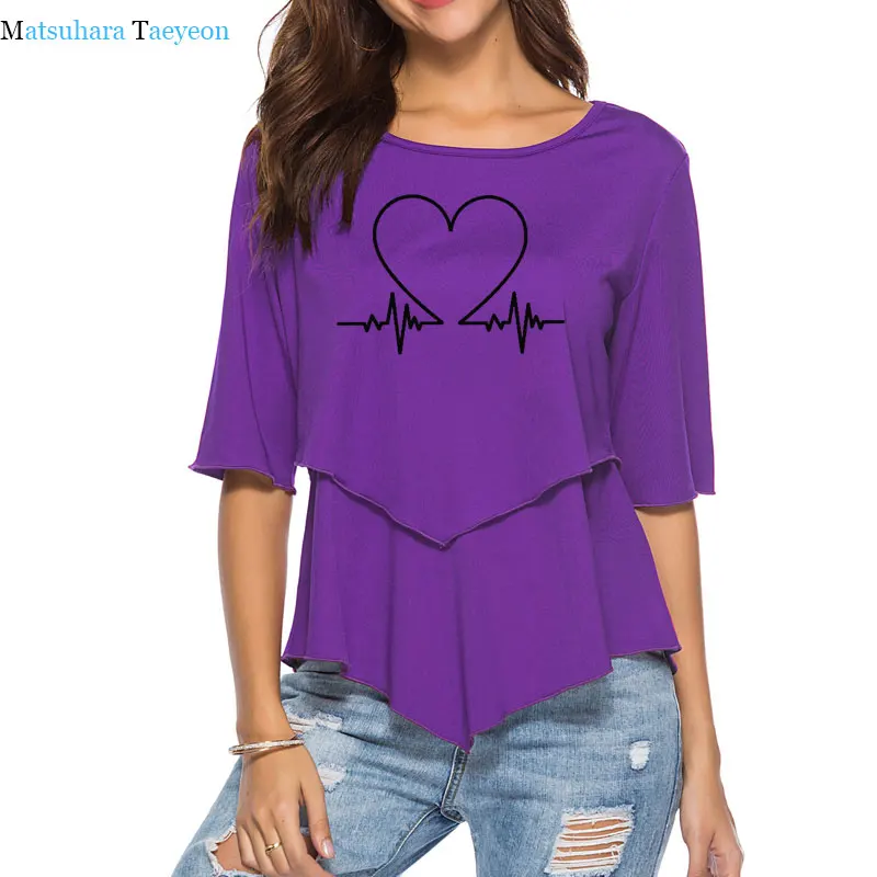 

High Quality Love Heart Graphic Shirts Women Casual Aesthetics Loose Tops Women 2020 Tshirts Women Patchwork Hem Shirts Women