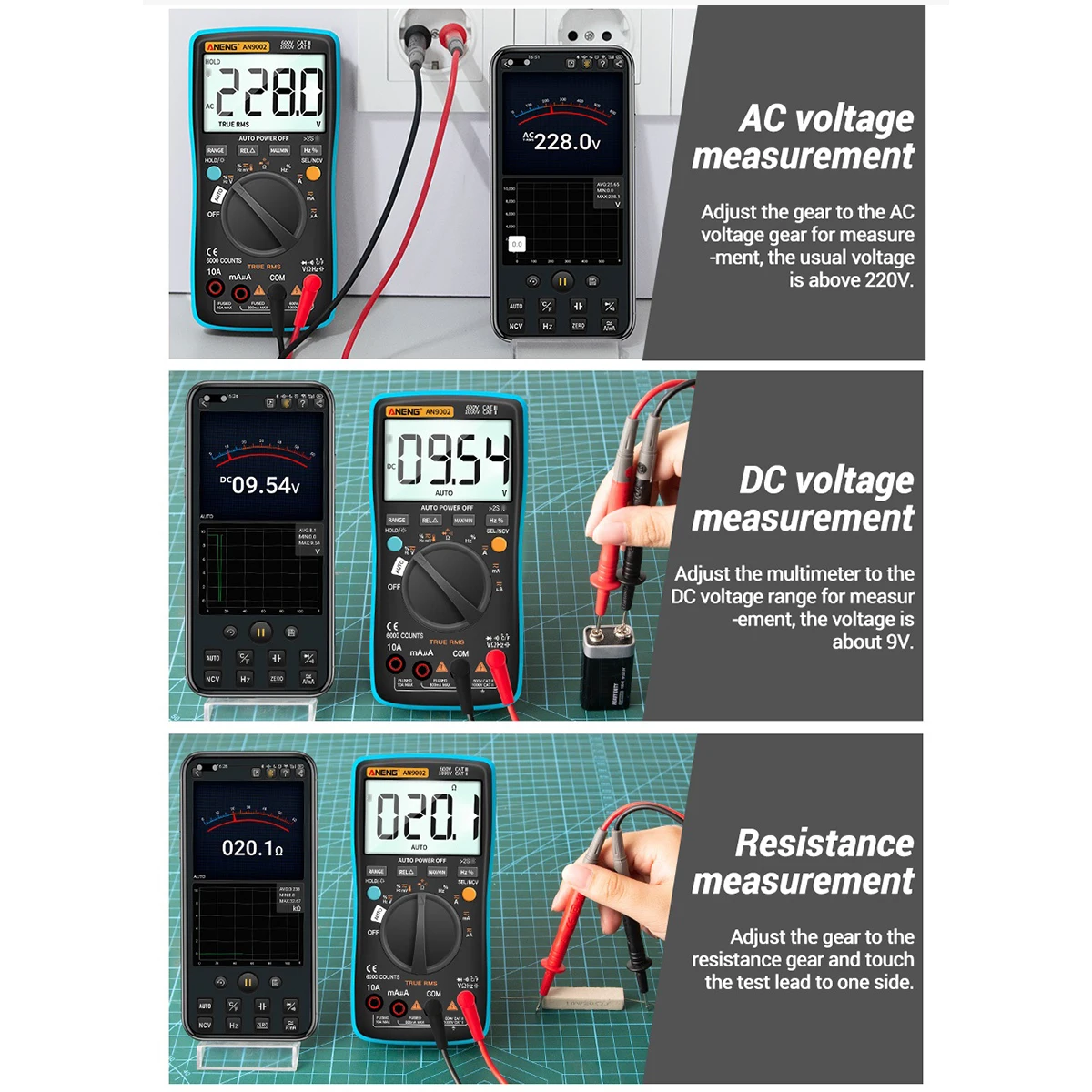 

ANENG Digital Multimeter with App Remote Control Auto-Ranging True RMS Multitester AC/DC Volt Amp Meter NCV Continuity Tester