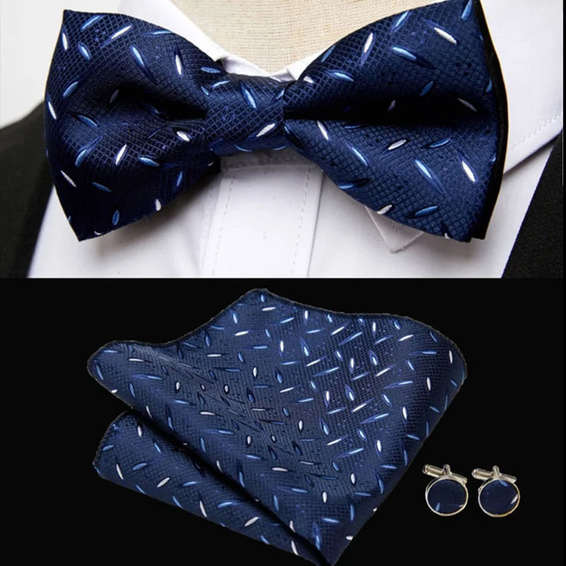 

100% Silk Handmade 7.5cm Wide Tie Sets Black/blue/red Men's Bowtie Hankerchiefs &Cufflinks Set