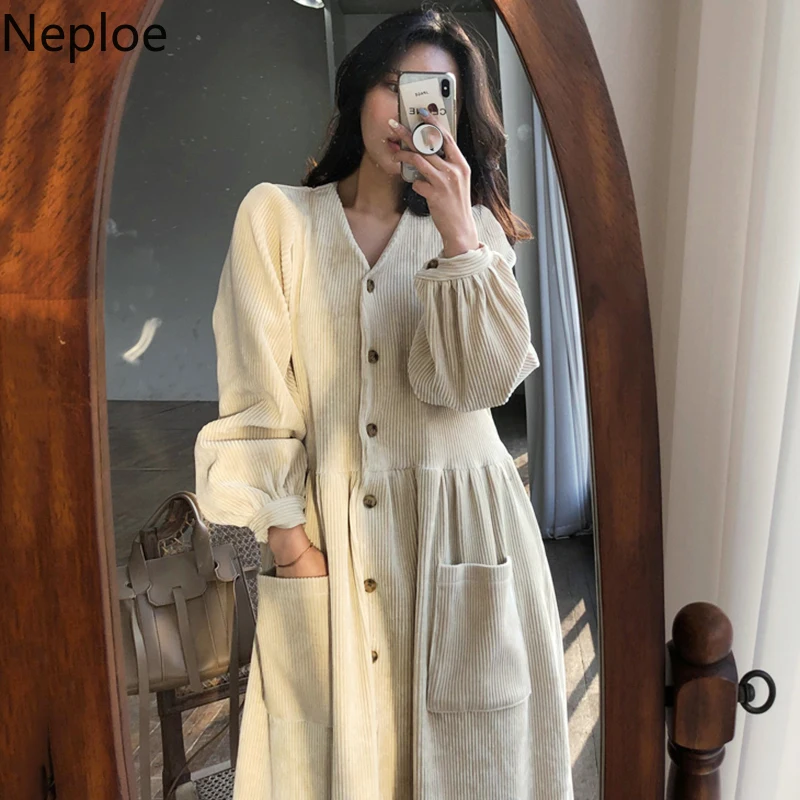 

Neploe Korean Ins V Neck Single Breast Solid Dress Women Corduroy Loose Lantern Long Sleeve Vestido Autumn Long Ropa Temperament