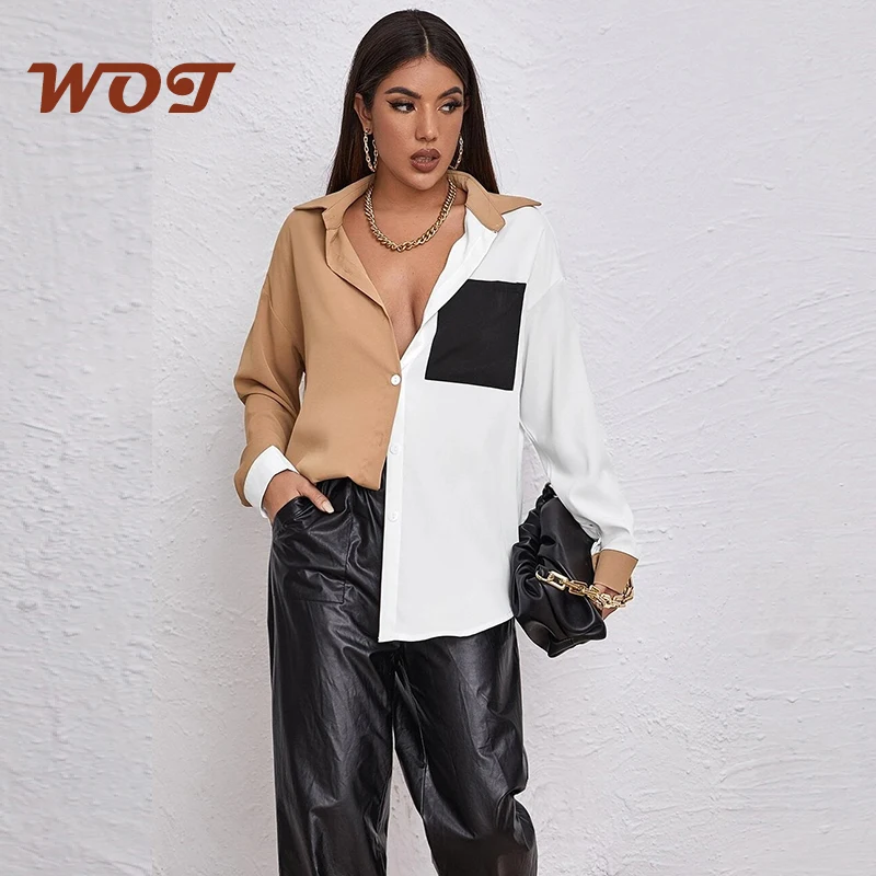 

2021 new loose slim shirt stitching contrast pocket long-sleeved shirt