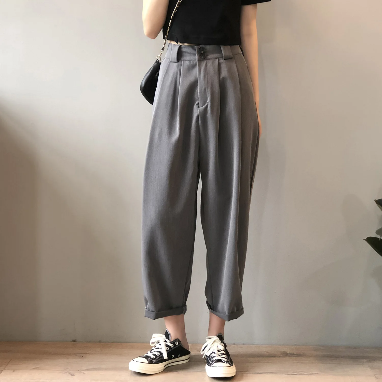 

Ladies 2020 New Korean Style High Waist Loose Wide Leg Pants Simple Trousers Capri-Pants Women Streetwear