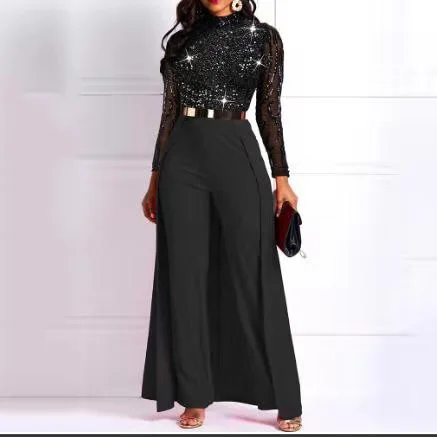 Elegant Black Sequined Jumpsuits Bodycon Long Sleeve High Waist Shinny Luxury Evening Party Night Dinner Rompers & Jumpsuits New