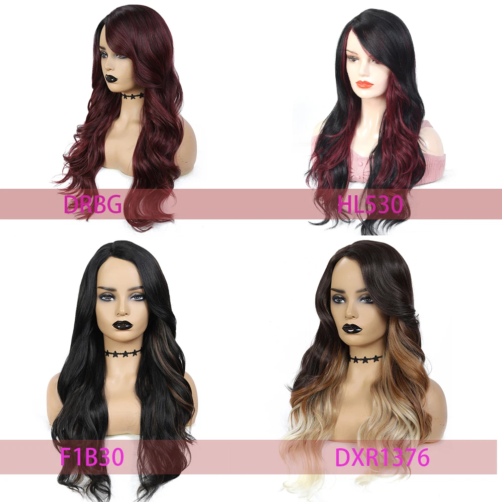 

Ombre Black Red Synthetic Wigs 26 Inch Long Wavy Wig For Women Heat Resistant Fiber Hair SOKU Non Lace Wig Full Machine Made