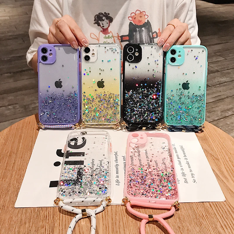 

Gradient Glitter Silver Lanyard Phone Case For iPhone SE 2020 11 11Pro XR X XS Max 7 8Plus Clear Shoulder Neck Strap Rope Cover