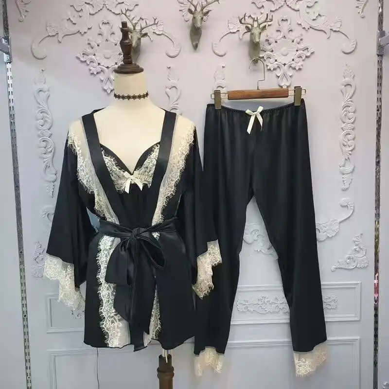 

Комплект из 3 предметов, Женский Атласный халат, ночная рубашка, штаны, украшение кружевом