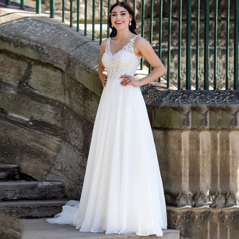 

Custom Wedding Dresses 2021 Sexy V Neck Sleeveless Lace Applique Chiffon A Line Boho Bridal Gown Sweep Train Bride Dresses