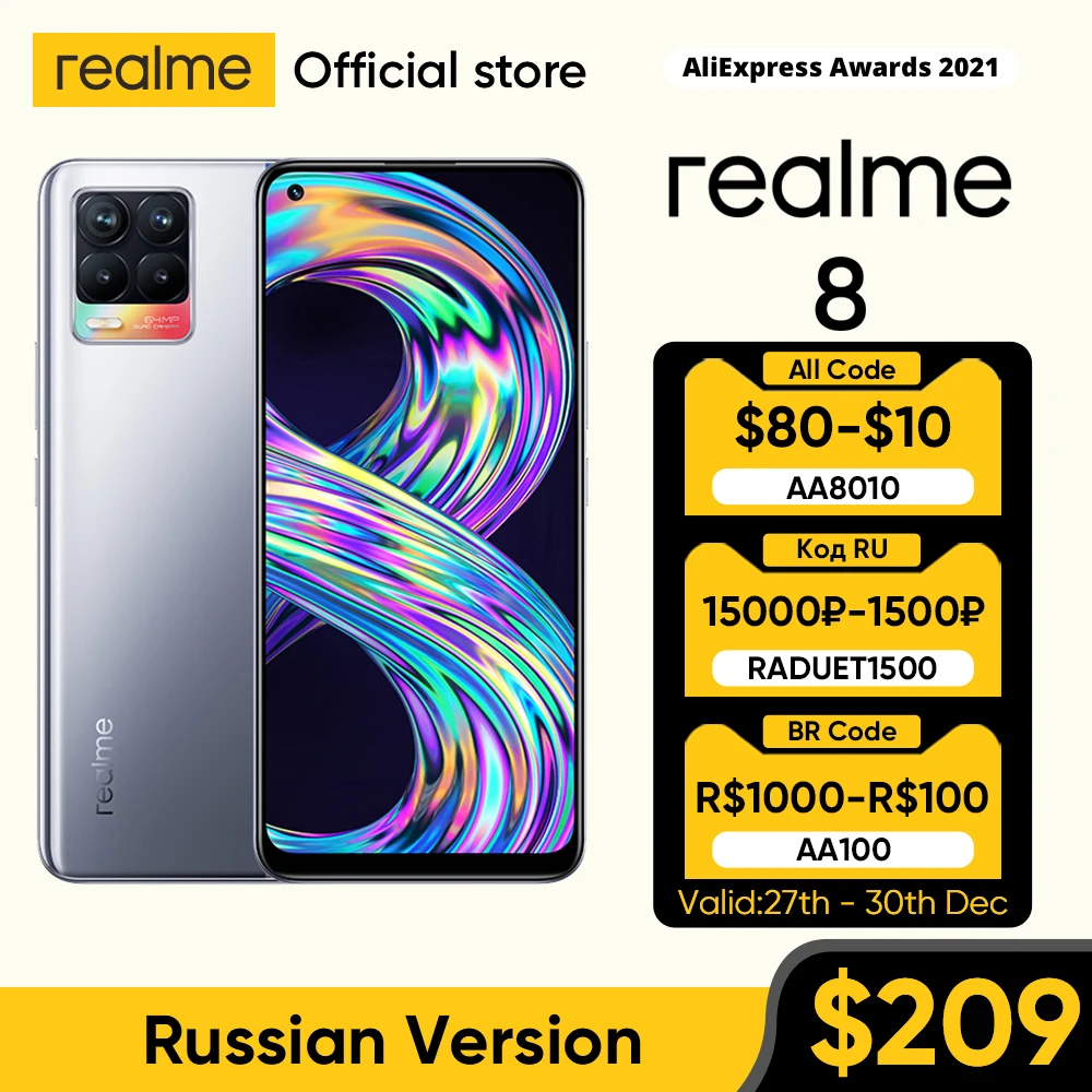 

Смартфон realme 8, 6 ГБ ОЗУ, 128 Гб ПЗУ, зарядка 30 Вт, экран мобильный телефон дюйма AMOLED 6,44 дюйма, Восьмиядерный процессор Helio G95, 64-мегапиксельная че...