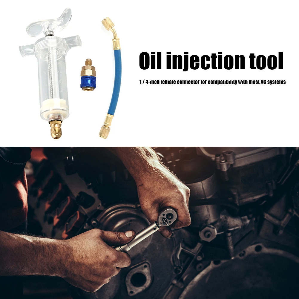 

Transparent Oil Jet Dye Jet Tool AC Oil Dye Injector 30ml 1 oz with Low Side Quick Connector Adapter 1/4 Inch Manual Oiler