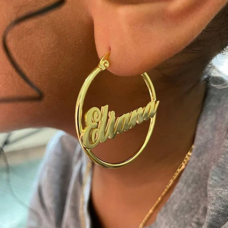 

Custom Personalized Name Earrings For Women Aretes De Mujer Stainless Steel Big Circle Round Oorbellen Voor Vrouwen Jewelry BFF