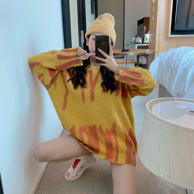 

Женский вязаный свитер с принтом, Элегантные зеленые полосатые пуловеры оверсайз, женские зимние свободные длинные свитера, уличная одежда...